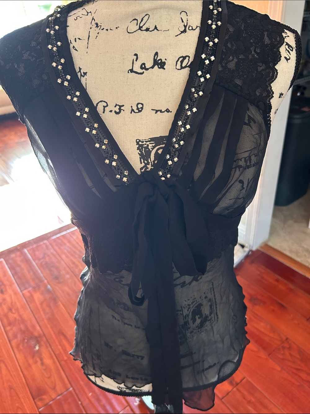 Black Embellished V-Neck Tie Front Lace Blouse
